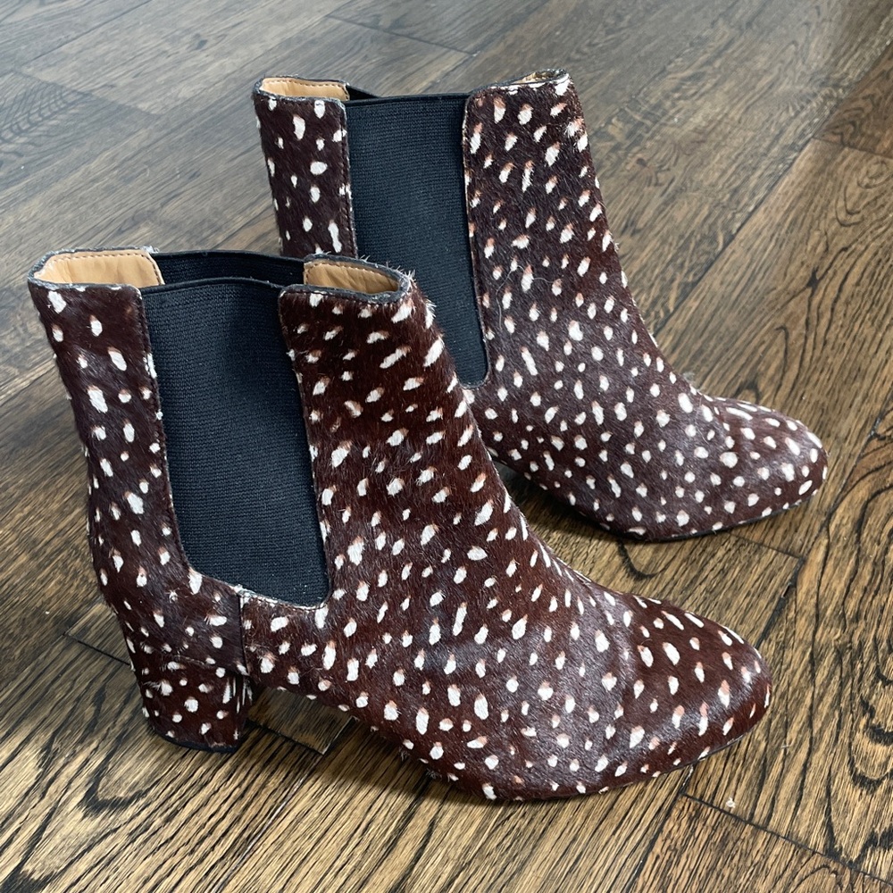 J.Crew Calf Hair Heeled Chelsea Boots Brown White Polka Dot Size 7.5